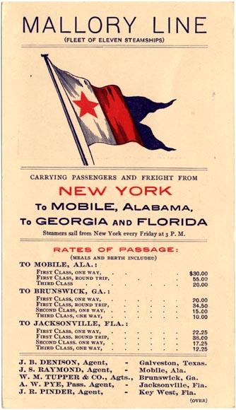 This is the last photo
Click this photo to go to top
Double click to return to home page Mallory Line poster advertising that they have eleven steamships carrying passengers and freight from New York to Mobile, Alabama, to Georgia and Florida